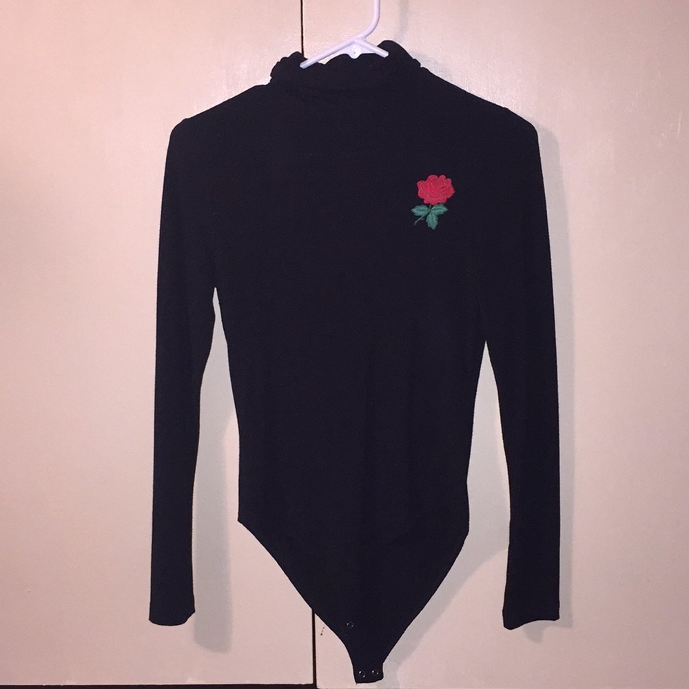 Rose Embroidered Black Turtleneck Bodysuit